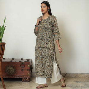 Brown - Kalamkari Hand Block Printed Cotton Pintuck Straight Kurta 07