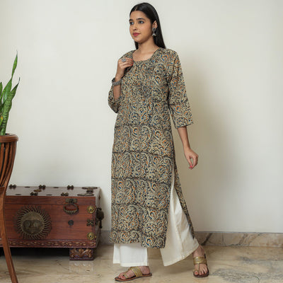 Brown - Kalamkari Hand Block Printed Cotton Pintuck Straight Kurta 07