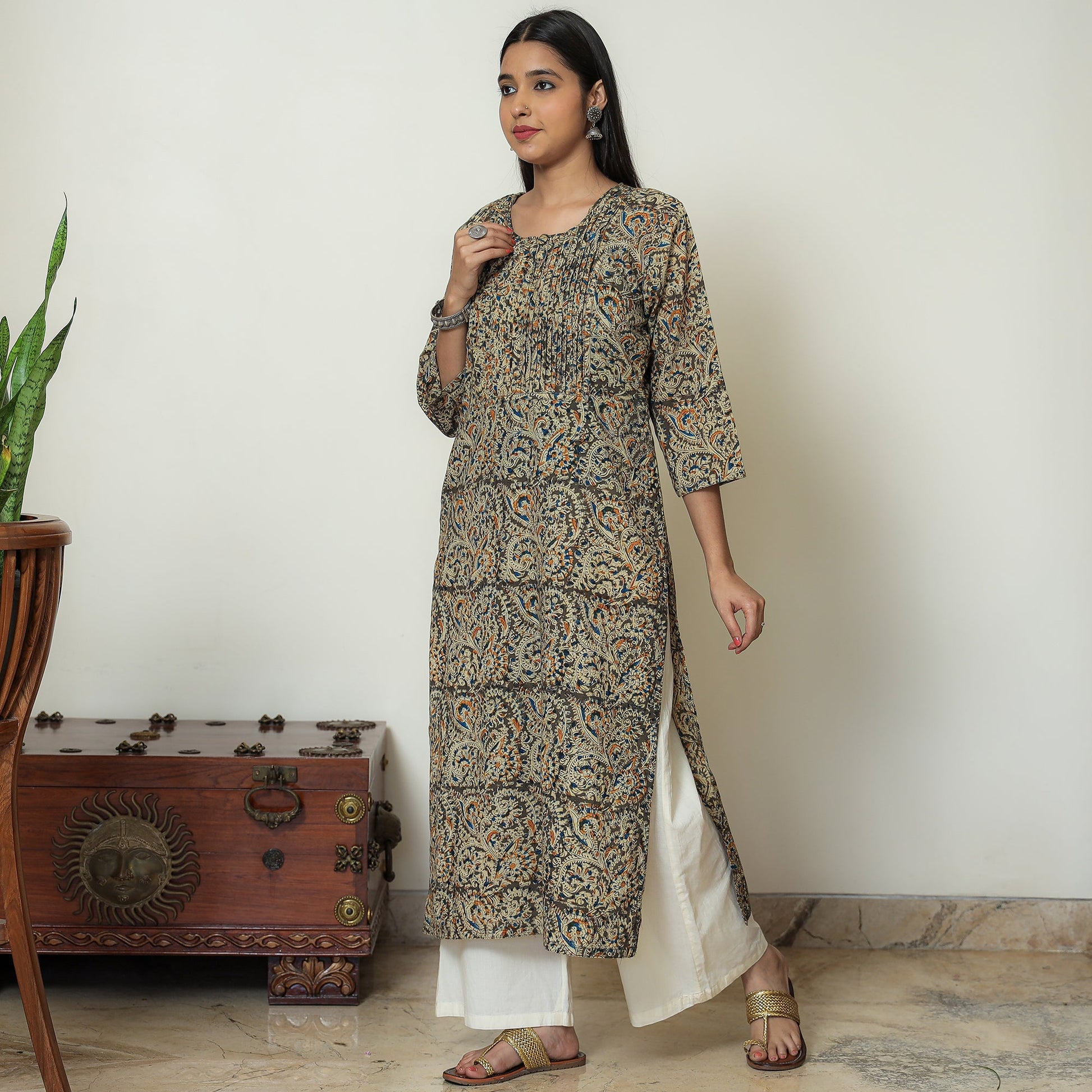 Brown - Kalamkari Hand Block Printed Cotton Pintuck Straight Kurta 07