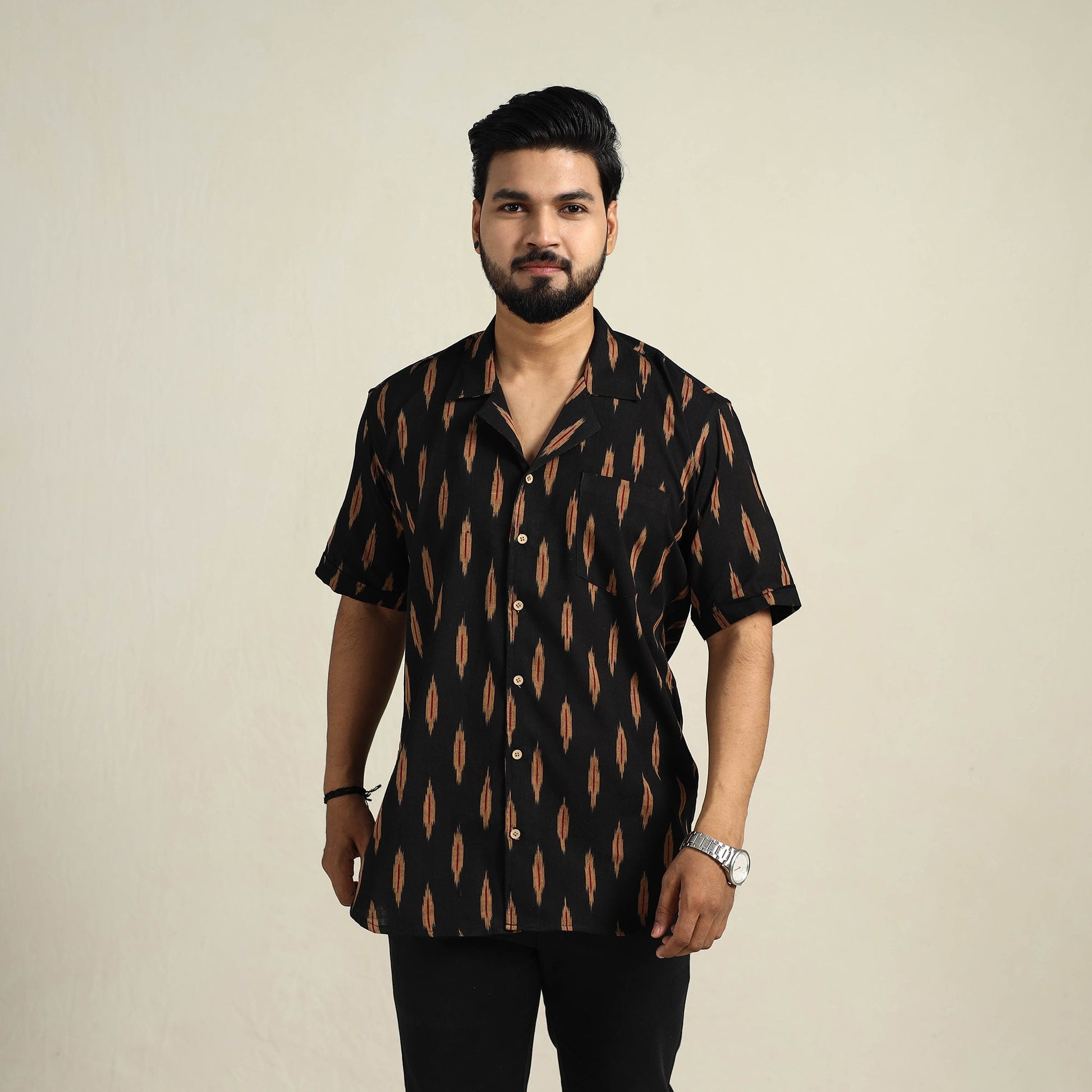 Black - Half Sleeve Men Cotton Pochampally Ikat Shirt 01