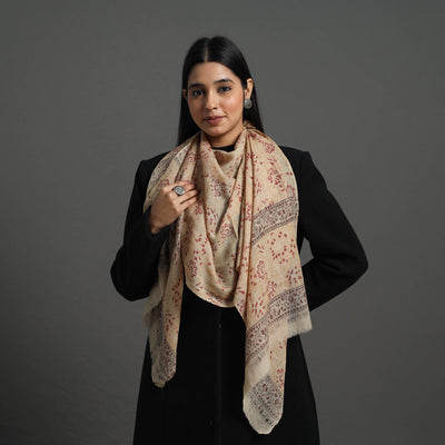 Beige - Block Print Pedana Kalamkari Wool Stole 01