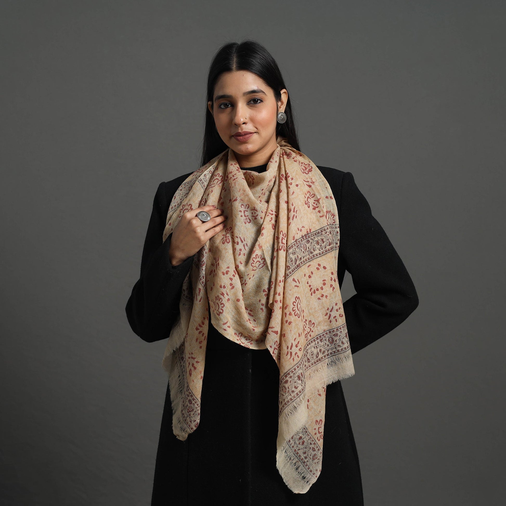 Beige - Block Print Pedana Kalamkari Wool Stole 01