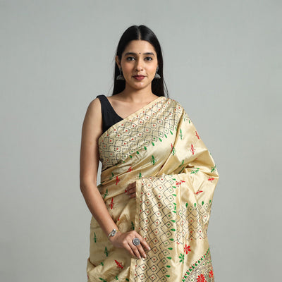 Beige - Bengal Silk Nakshi Kantha Hand Embroidery Saree 07