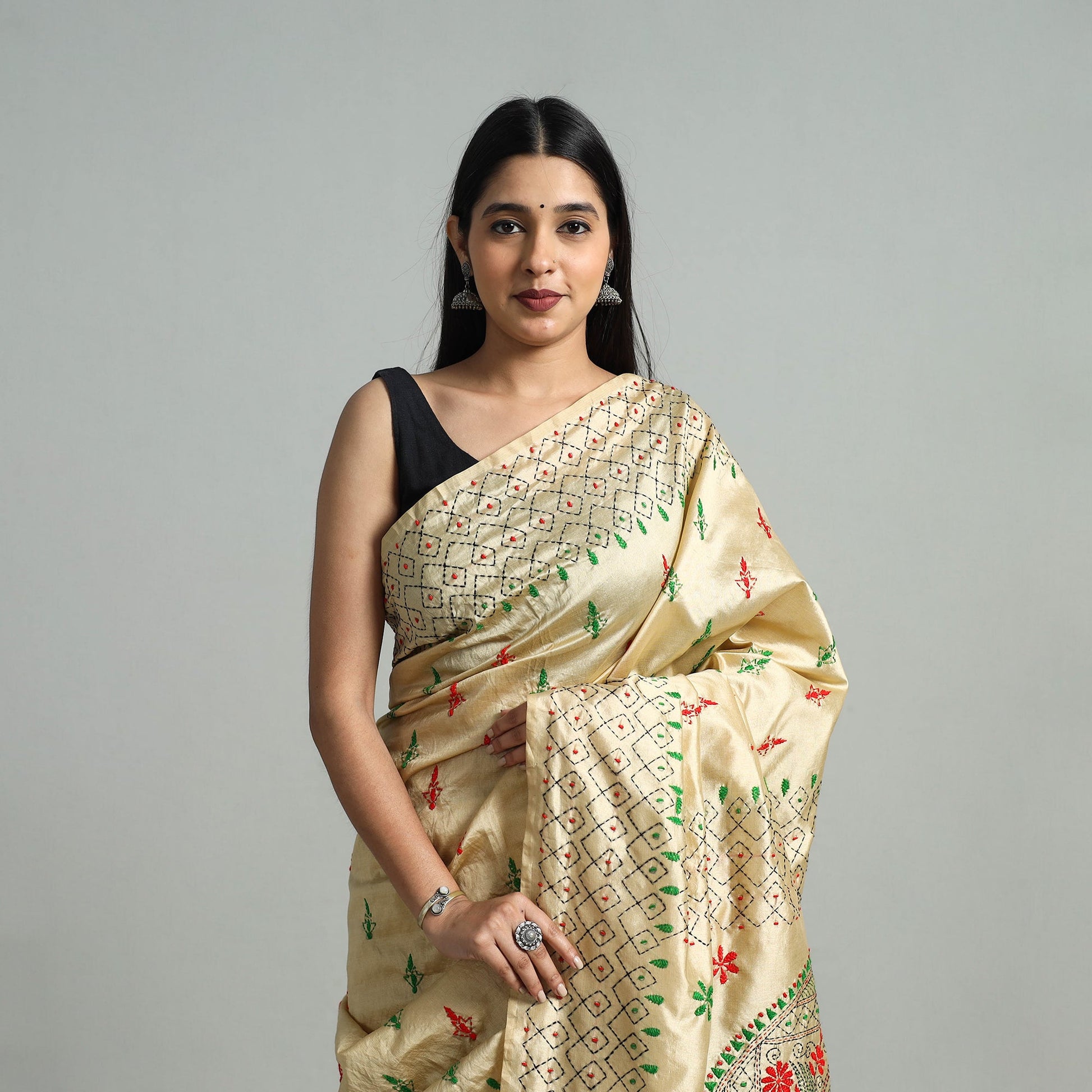 Beige - Bengal Silk Nakshi Kantha Hand Embroidery Saree 07