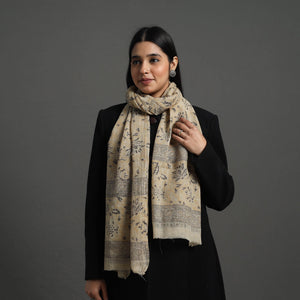 Beige  - Block Print Pedana Kalamkari Wool Stole 02