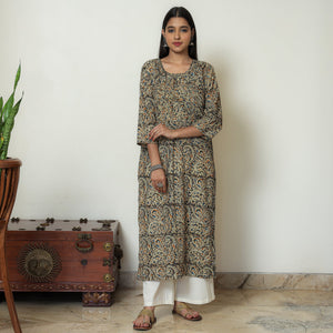 Brown - Kalamkari Hand Block Printed Cotton Pintuck Straight Kurta 07