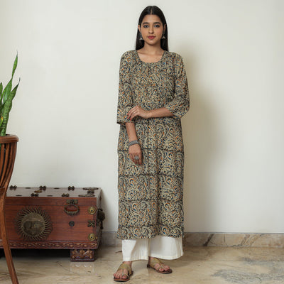 Brown - Kalamkari Hand Block Printed Cotton Pintuck Straight Kurta 07