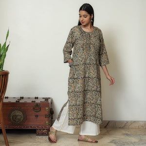 Brown - Kalamkari Hand Block Printed Cotton Pintuck Straight Kurta 07