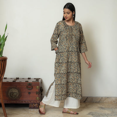 Brown - Kalamkari Hand Block Printed Cotton Pintuck Straight Kurta 07