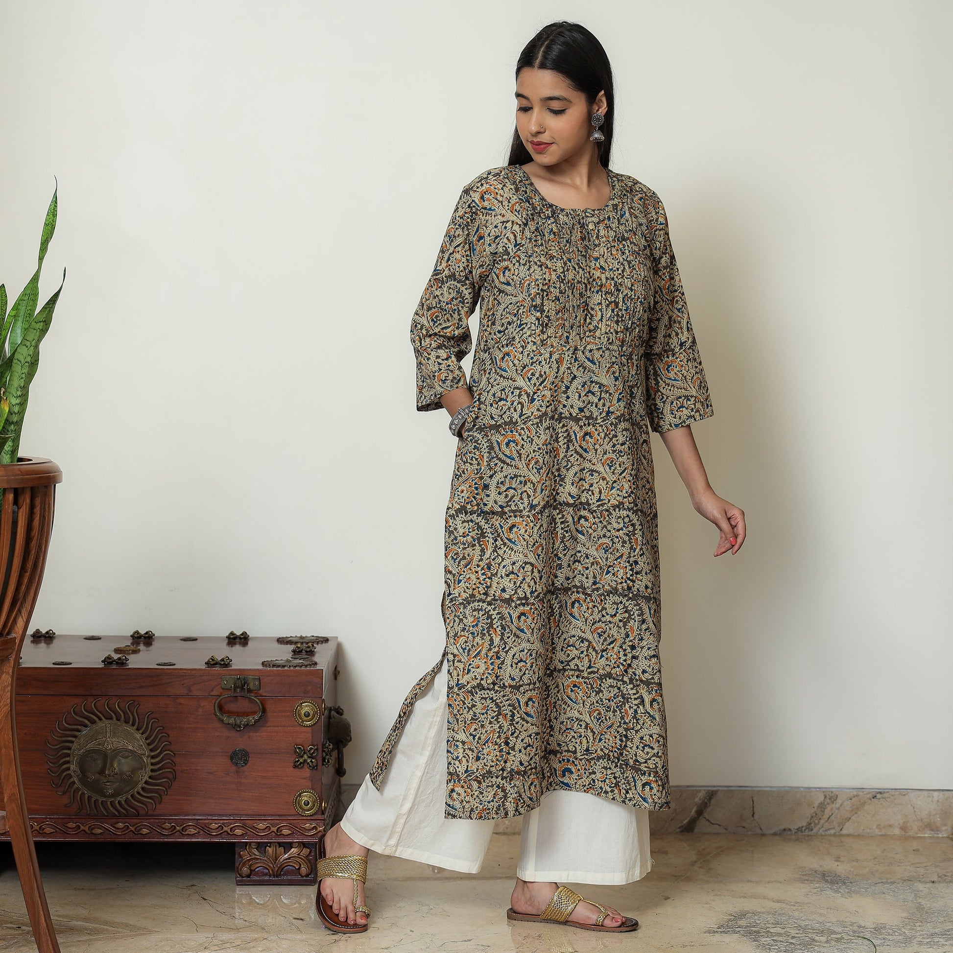 Brown - Kalamkari Hand Block Printed Cotton Pintuck Straight Kurta 07