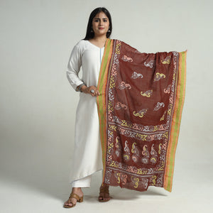 Brown - Bengal Kantha Embroidery Cotton Handloom Dupatta 95