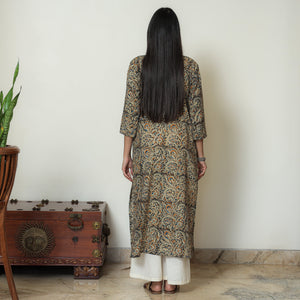 Brown - Kalamkari Hand Block Printed Cotton Pintuck Straight Kurta 07