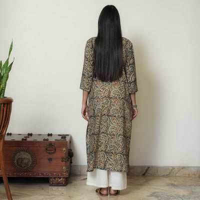 Brown - Kalamkari Hand Block Printed Cotton Pintuck Straight Kurta 07