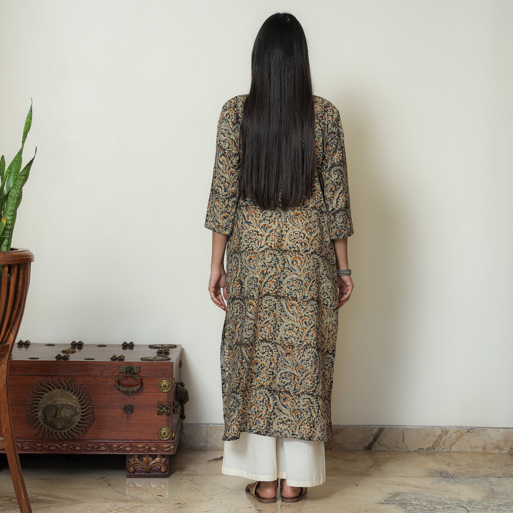 Brown - Kalamkari Hand Block Printed Cotton Pintuck Straight Kurta 07