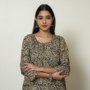 Brown - Kalamkari Hand Block Printed Cotton Pintuck Straight Kurta 07