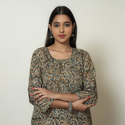 Brown - Kalamkari Hand Block Printed Cotton Pintuck Straight Kurta 07
