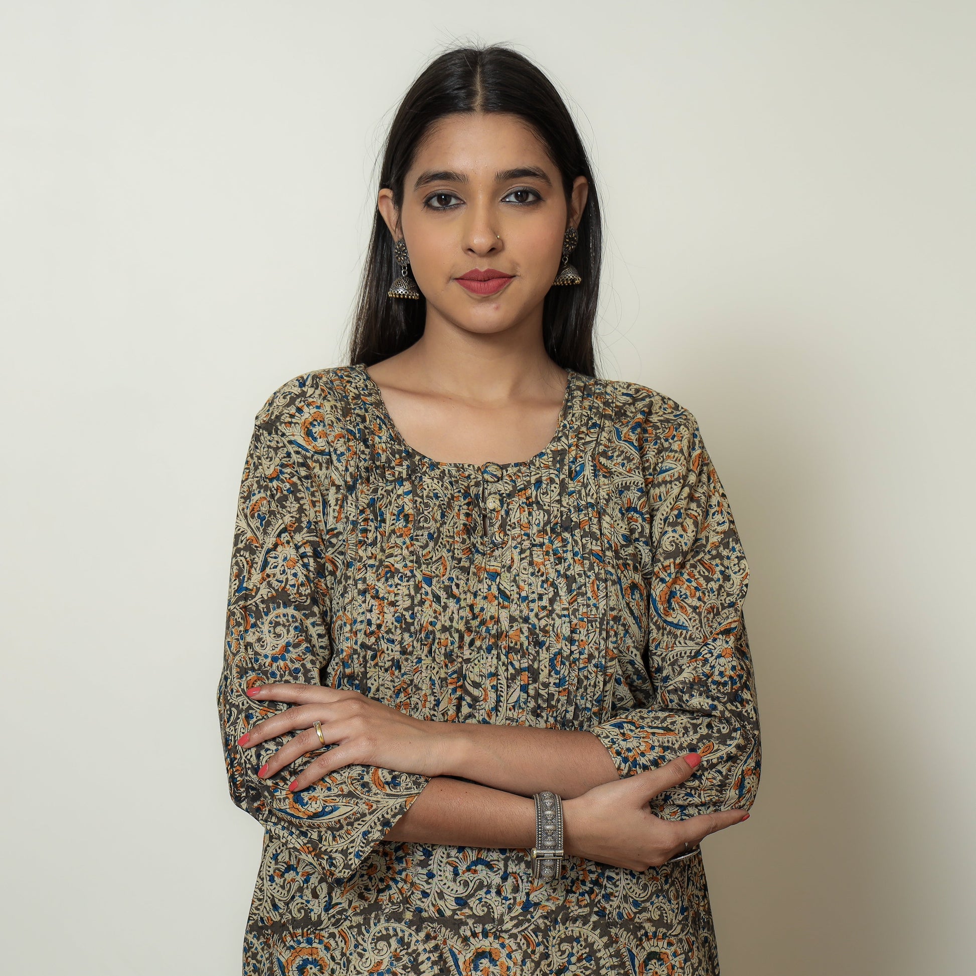 Brown - Kalamkari Hand Block Printed Cotton Pintuck Straight Kurta 07