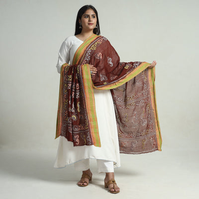 Brown - Bengal Kantha Embroidery Cotton Handloom Dupatta 95
