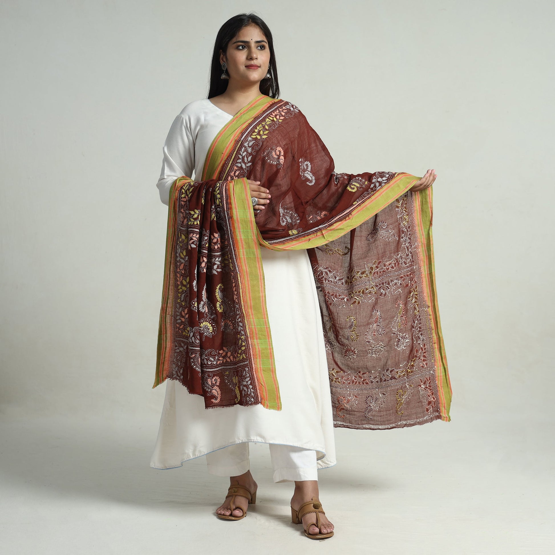 Brown - Bengal Kantha Embroidery Cotton Handloom Dupatta 95