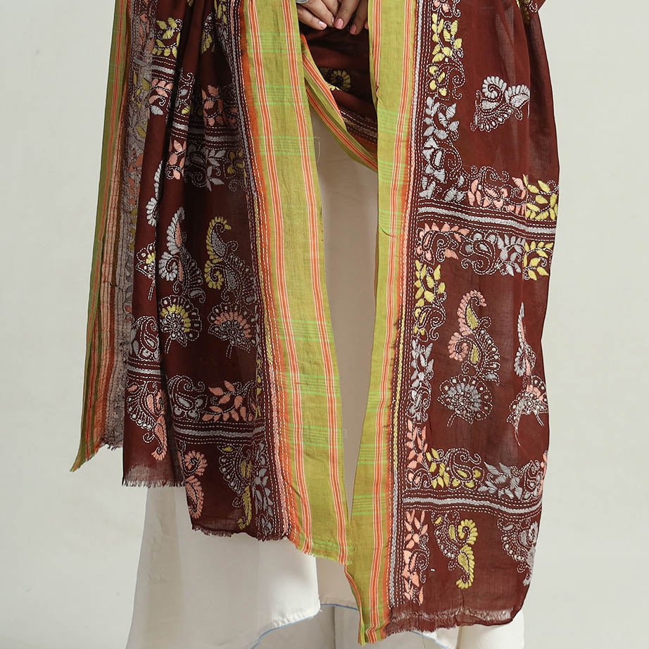 Brown - Bengal Kantha Embroidery Cotton Handloom Dupatta 95