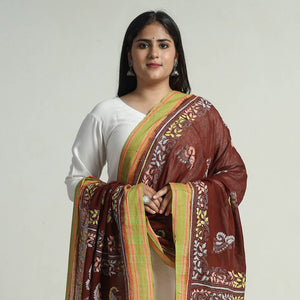 Brown - Bengal Kantha Embroidery Cotton Handloom Dupatta 95