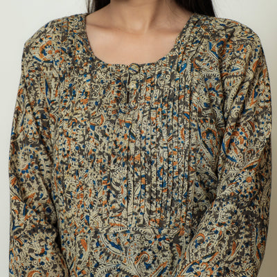 Brown - Kalamkari Hand Block Printed Cotton Pintuck Straight Kurta 07