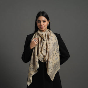 Beige  - Block Print Pedana Kalamkari Wool Stole 02
