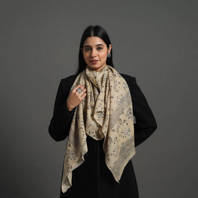 Beige  - Block Print Pedana Kalamkari Wool Stole 02