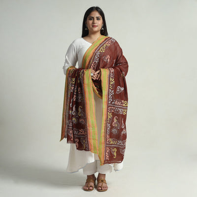 Brown - Bengal Kantha Embroidery Cotton Handloom Dupatta 95