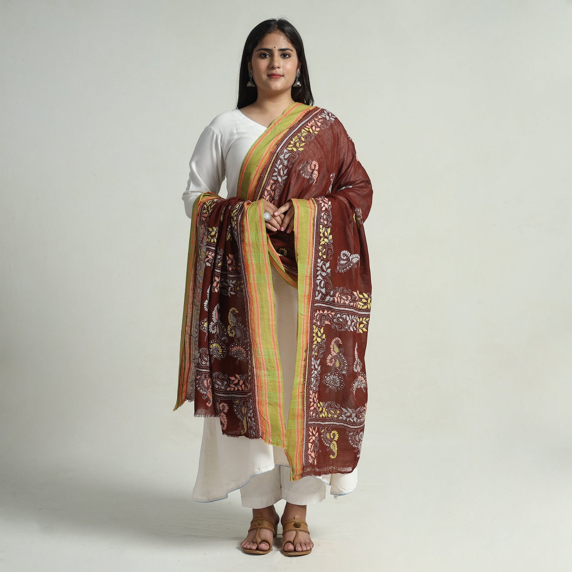 Brown - Bengal Kantha Embroidery Cotton Handloom Dupatta 95