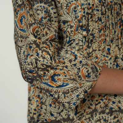 Brown - Kalamkari Hand Block Printed Cotton Pintuck Straight Kurta 07