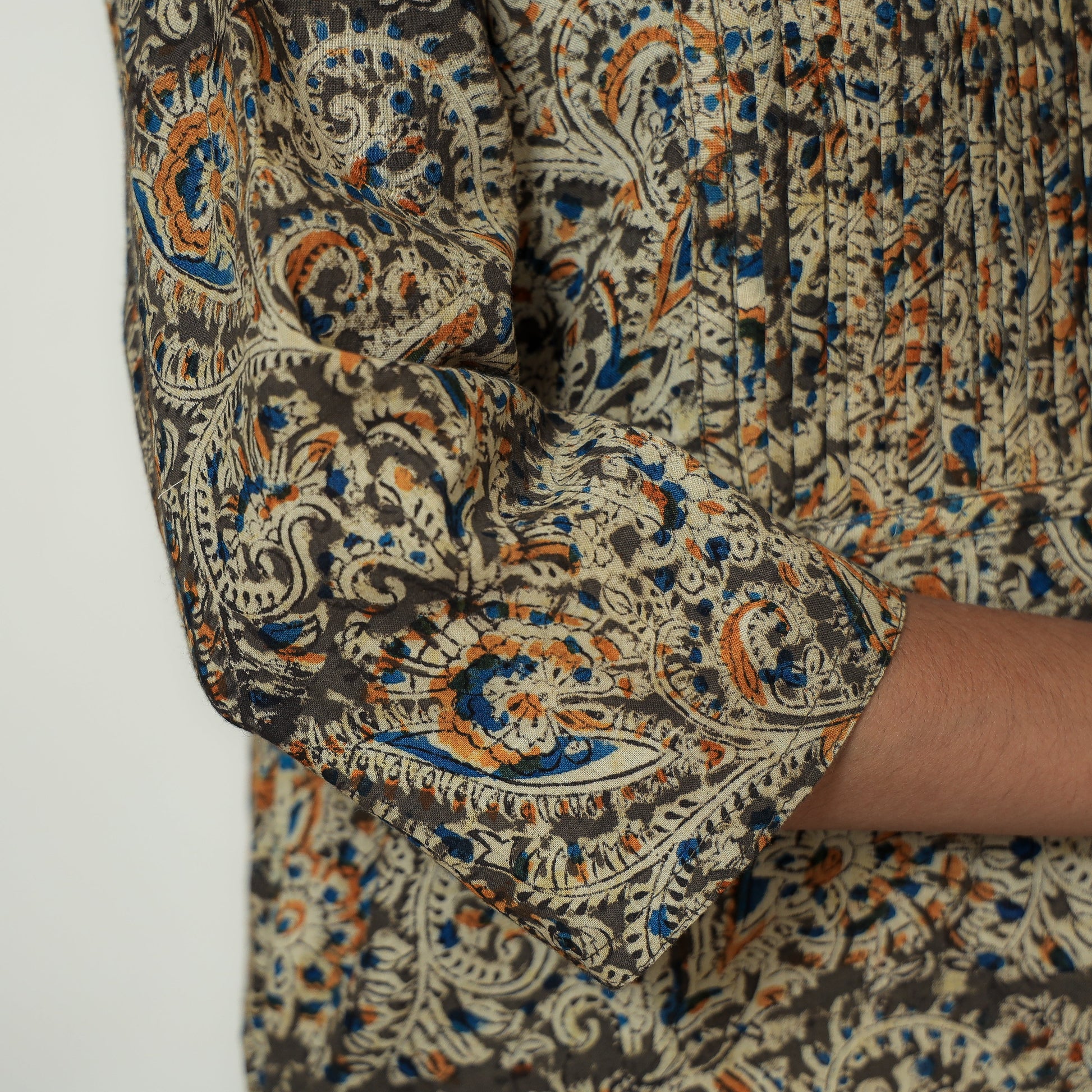 Brown - Kalamkari Hand Block Printed Cotton Pintuck Straight Kurta 07