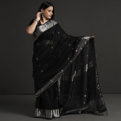 Black - Traditional Handloom Zari Buta Maheshwari Silk Cotton Saree