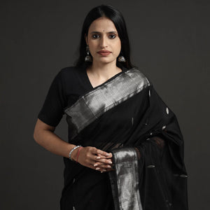 Black - Traditional Handloom Zari Buta Maheshwari Silk Cotton Saree