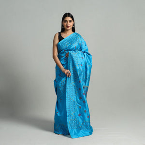 Blue - Bengal Silk Nakshi Kantha Hand Embroidery Saree 09