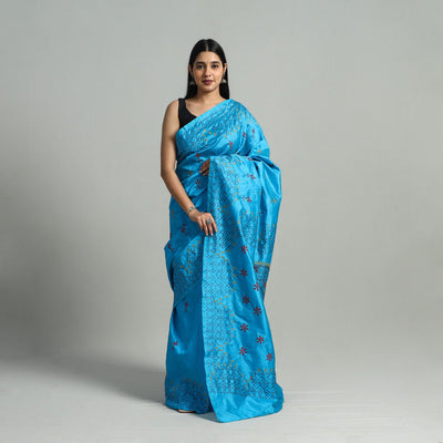 Blue - Bengal Silk Nakshi Kantha Hand Embroidery Saree 09