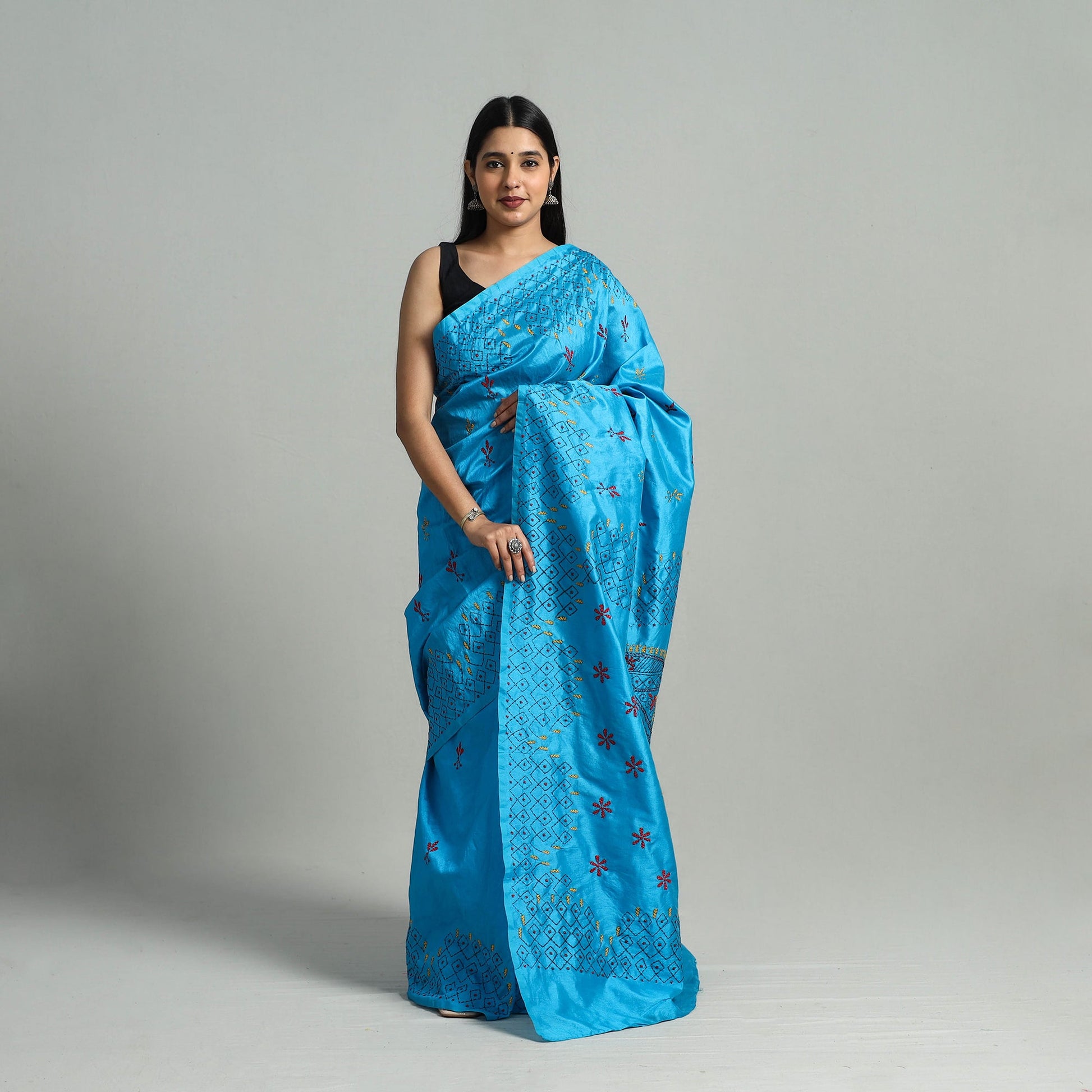 Blue - Bengal Silk Nakshi Kantha Hand Embroidery Saree 09