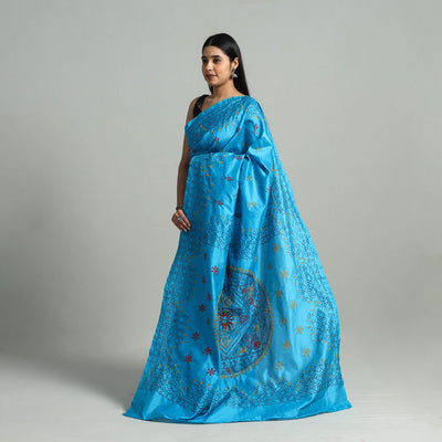 Blue - Bengal Silk Nakshi Kantha Hand Embroidery Saree 09