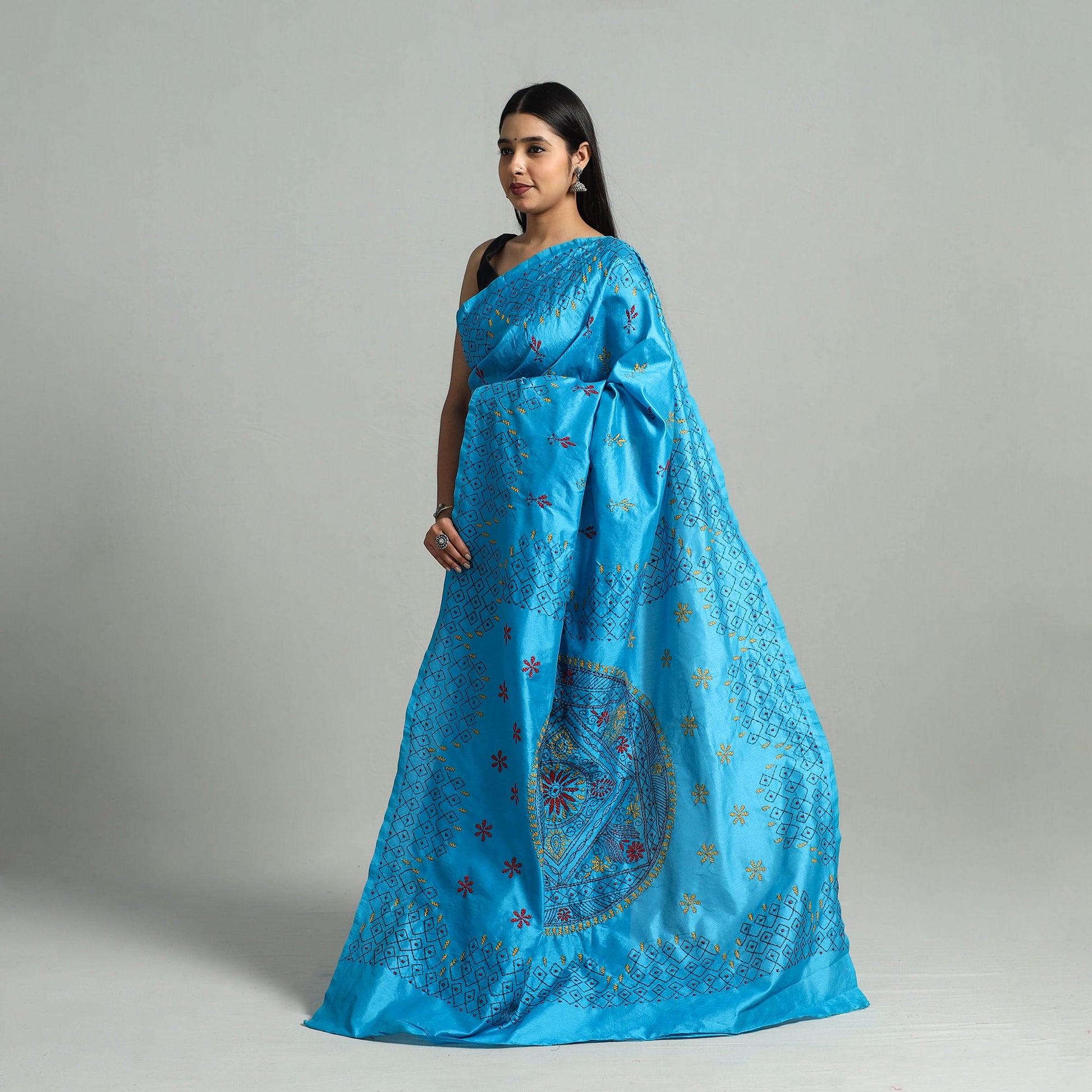 Blue - Bengal Silk Nakshi Kantha Hand Embroidery Saree 09