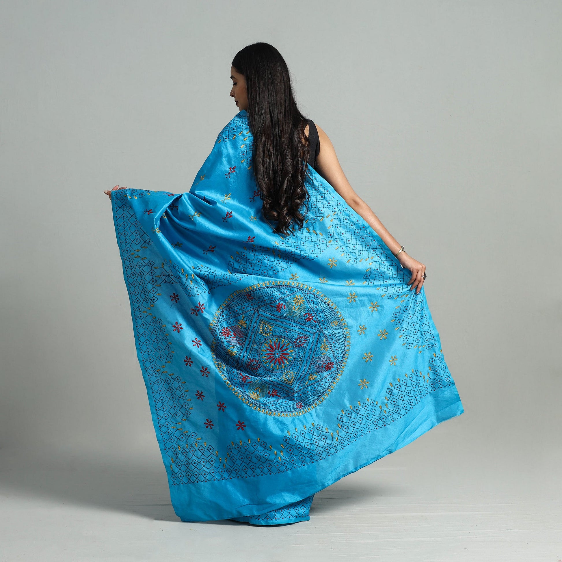 Blue - Bengal Silk Nakshi Kantha Hand Embroidery Saree 09