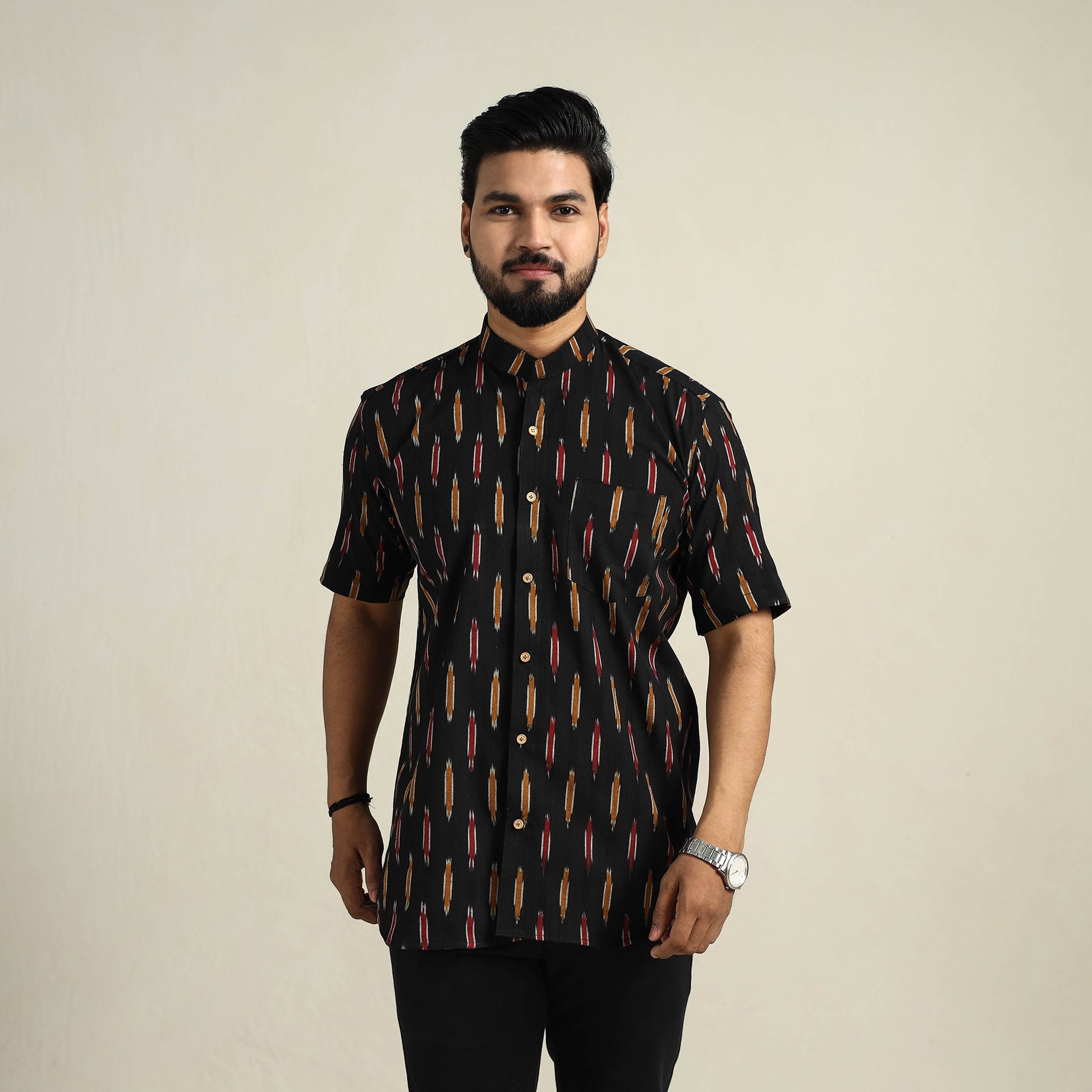 Black - Half Sleeve Men Cotton Pochampally Ikat Shirt 05