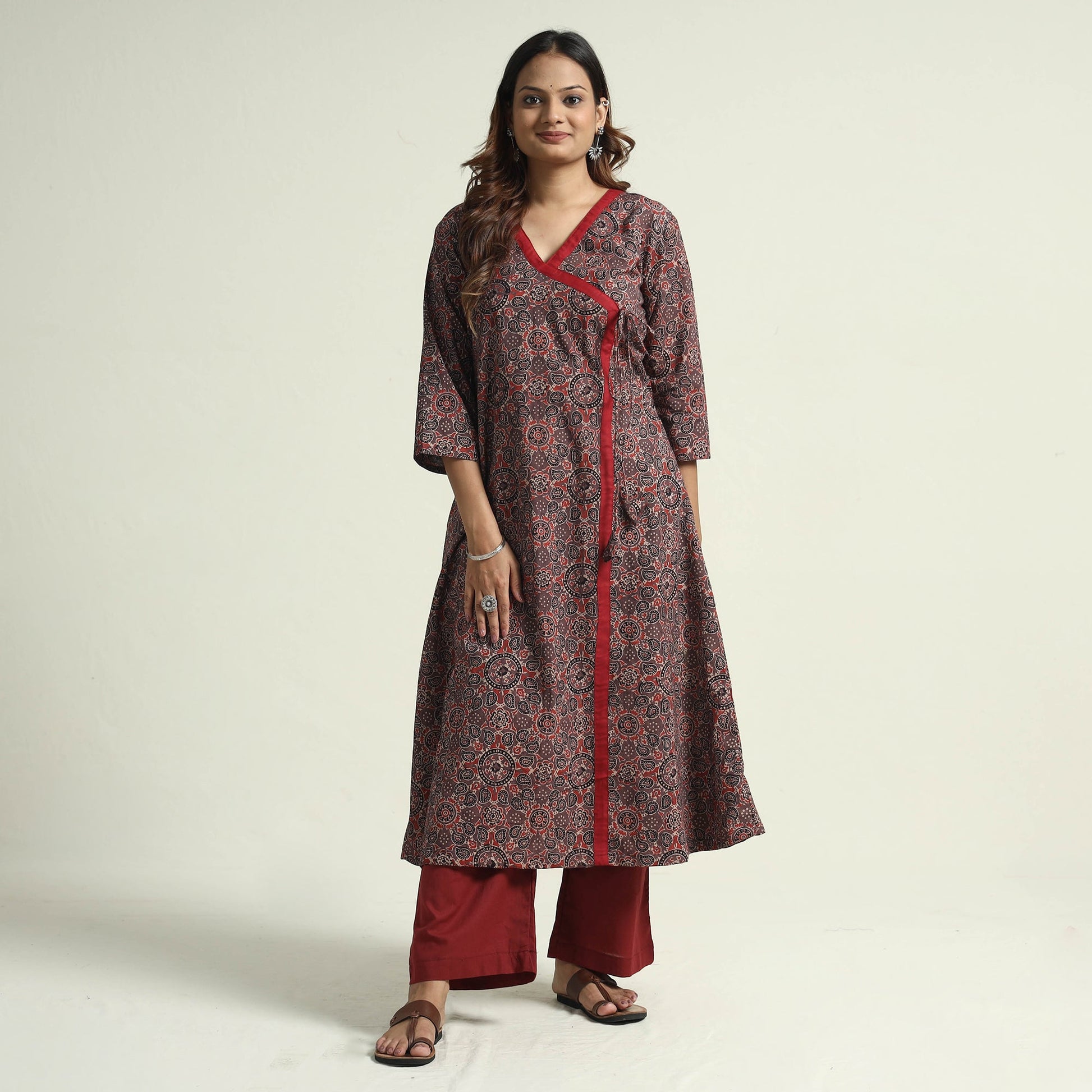 Brown - Block Print Cotton Flared Ajrakh Kurta with Palazzo Set