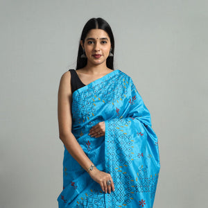 Blue - Bengal Silk Nakshi Kantha Hand Embroidery Saree 09