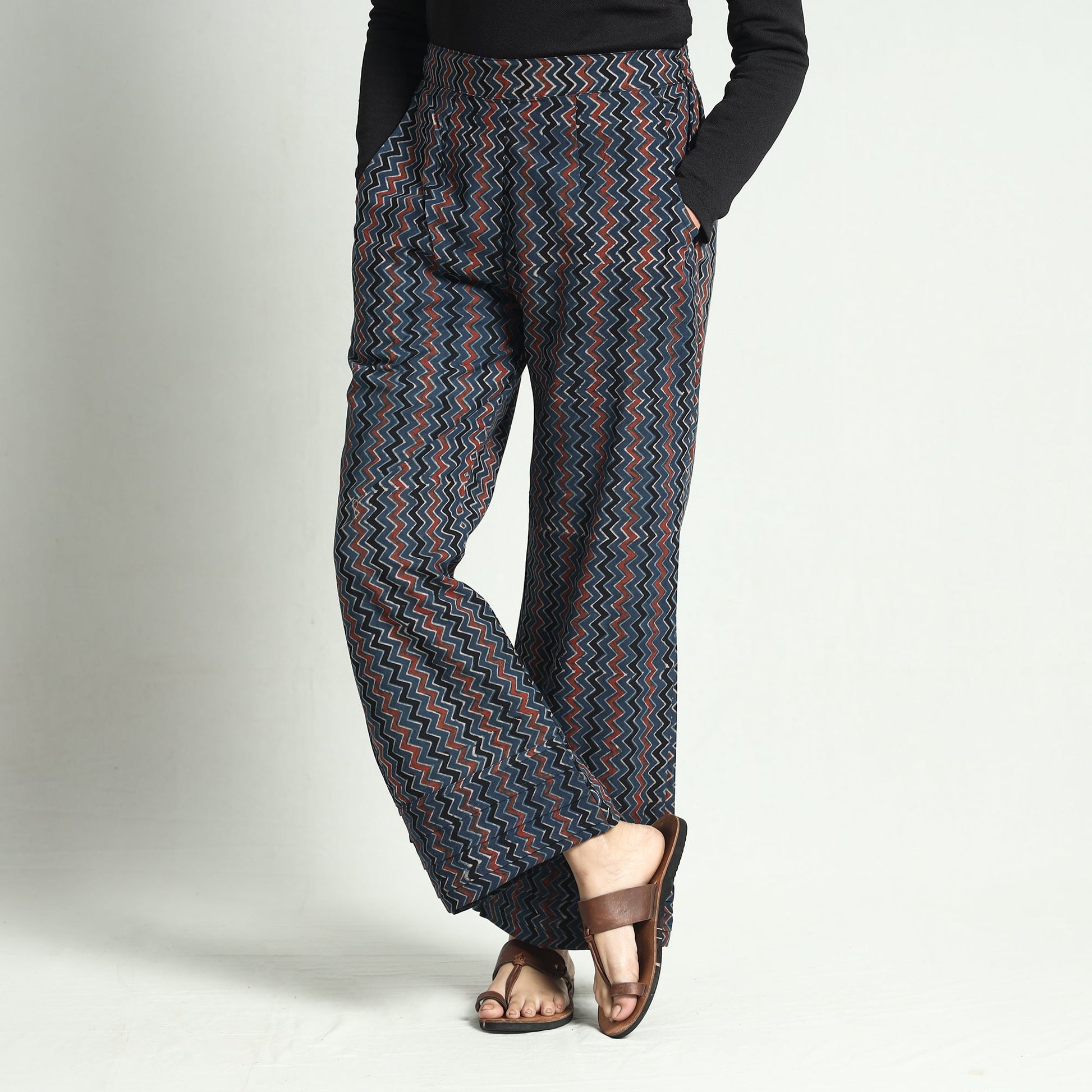 Blue - Ajrakh Block Printed Cotton Elasticated Palazzo