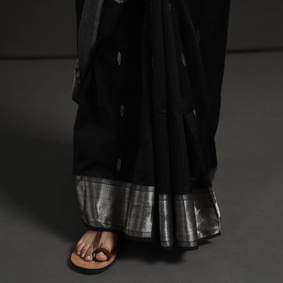 Black - Traditional Handloom Zari Buta Maheshwari Silk Cotton Saree