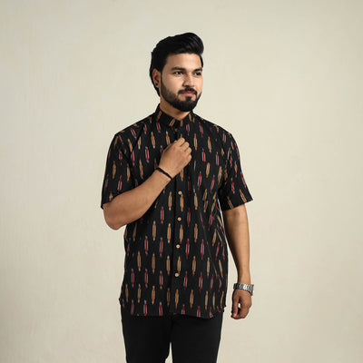 Black - Half Sleeve Men Cotton Pochampally Ikat Shirt 05