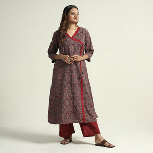 Brown - Block Print Cotton Flared Ajrakh Kurta with Palazzo Set