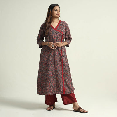 Brown - Block Print Cotton Flared Ajrakh Kurta with Palazzo Set