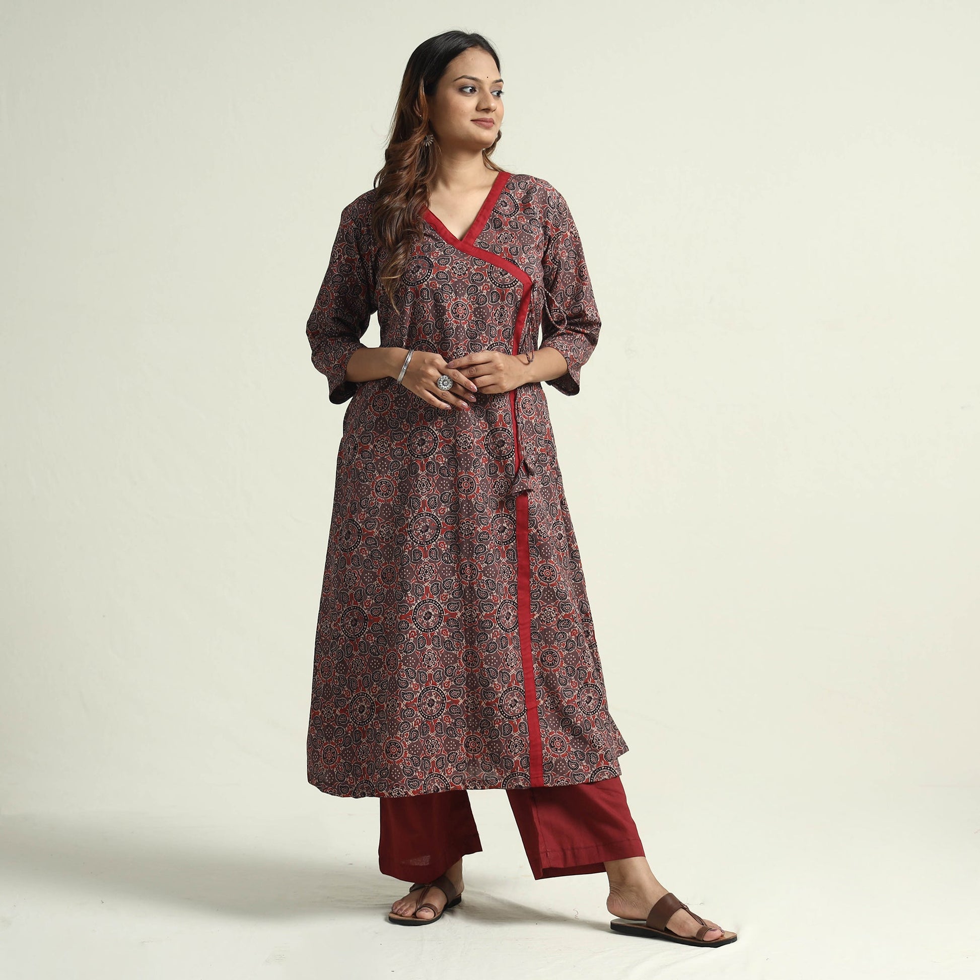 Brown - Block Print Cotton Flared Ajrakh Kurta with Palazzo Set