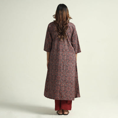 Brown - Block Print Cotton Flared Ajrakh Kurta with Palazzo Set